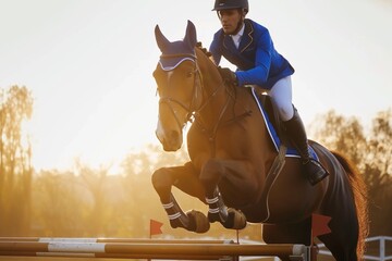 rider in blue leading horse over a sunlit oxer jump - obrazy, fototapety, plakaty