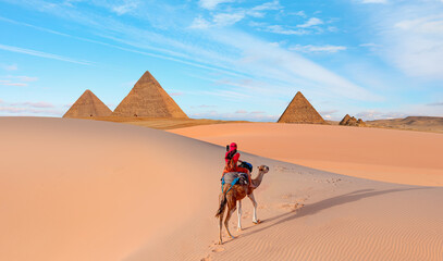 Camels in Giza Pyramid Complex - A woman in a red turban riding a camel across the thin sand dunes...