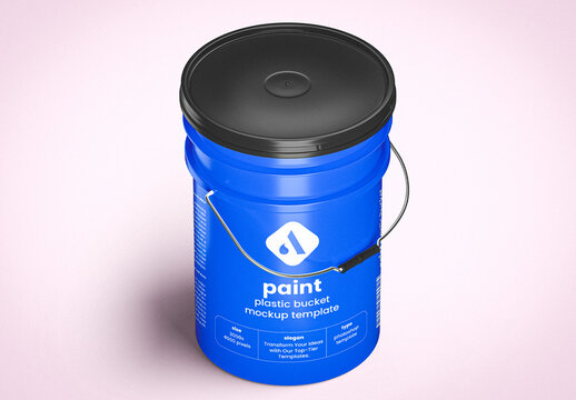 Blue Plastic Paint Bucket Mockup with Black Lid