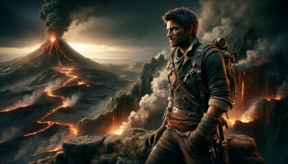 An image of a hero standing on a cliff overlooking a rugged, volcanic landscape. - obrazy, fototapety, plakaty