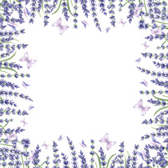 Watercolor square frame from purple lavender flowers with green leaves and butterflies. Template from natural herbs with copy space. Isolated hand drawn illustration for invitations, cards, textile.