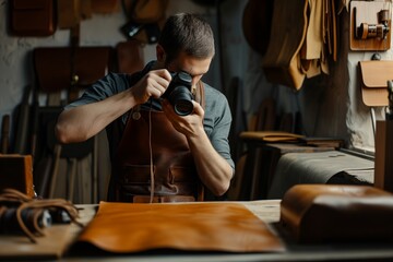 leatherworker photographing finished products for catalog