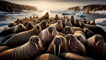 Fotobehang A walrus colony on a rocky, icy shoreline, with each walrus in sharp focus, showcasing their detailed skin textures and tusks. © FantasyLand86