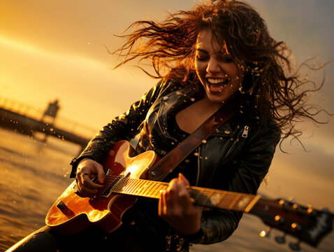 Young female wear black leather jacket and long hair. latino hispanic woman, girl playing on electric guitar on summer sunset coast. beach party concert. water splashing from waves. summertime season.