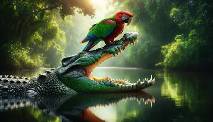 Foto op Canvas A parrot perched on a crocodile’s open jaw. © FantasyLand86