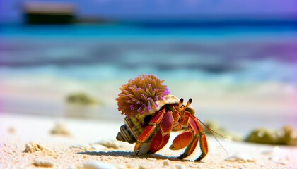 A hermit crab carrying an anemone on its shell, walking along a sandy beach with the ocean in the background.