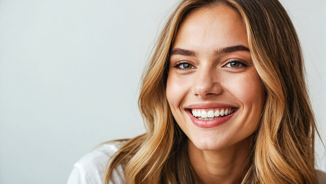 close up portrait of a beautiful young woman smiling with clean white teeth on a white background