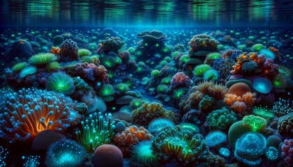 An underwater scene depicting a vibrant coral reef teeming with life, illuminated by the soft glow of bioluminescent organisms.