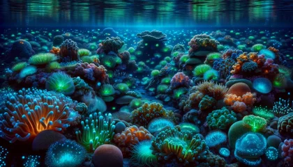 Foto auf Alu-Dibond An underwater scene depicting a vibrant coral reef teeming with life, illuminated by the soft glow of bioluminescent organisms. © FantasyLand86