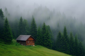 Fototapeta na wymiar lone wooden cabin in a pine forest, morning fog