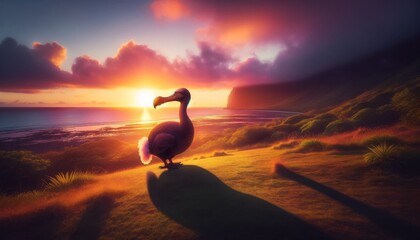 A serene image of a Dodo bird at sunset, casting a long shadow, symbolizing its extinction.