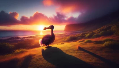 Fotobehang A serene image of a Dodo bird at sunset, casting a long shadow, symbolizing its extinction. © FantasyLand86