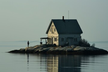Obraz premium single house on an island with person fishing from the shore