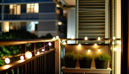 A medium shot image of a residential balcony or patio during the evening, capturing the warm glow of lights that A cozy and inviting atmosphere.