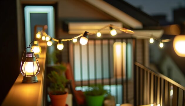 A medium shot image of a residential balcony or patio during the evening, capturing the warm glow of lights that A cozy and inviting atmosphere.