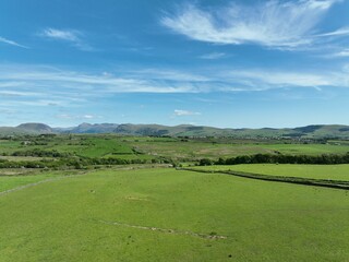 Fototapeta na wymiar Drone view of farm fields covered in greenery on a sunny day