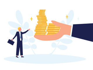 High risk high return, finance manager financial backer holding large hand tight with cash coins. Good accumulation. Big hand showing money. Begin savings to achieve financial goal. Flat vector illust