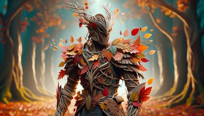 An image of a warrior with armor made of intertwined branches and autumn leaves.