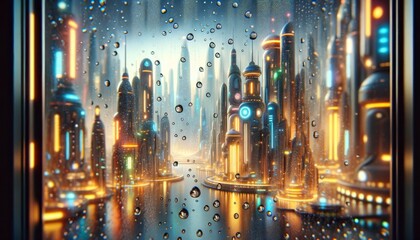 An image of a futuristic cityscape seen through a rain-streaked window. - obrazy, fototapety, plakaty