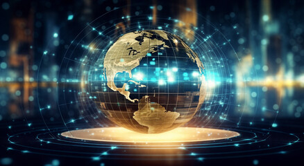 Obraz premium a golden globe with a blue background and a blue and yellow background with a blue and yellow background and a blue and yellow background with a blue border, generative ai