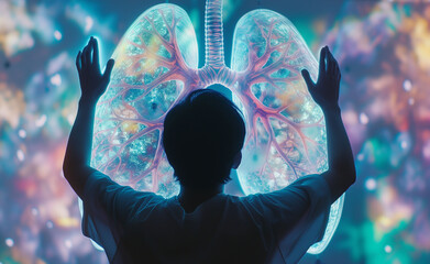 Silhouette of a person with uplifted hands against a luminous, detailed illustration of human lungs, conveying a sense of awe and medical discovery - obrazy, fototapety, plakaty