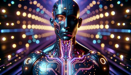 An image of a cyborg with neon circuitry visible beneath the skin.