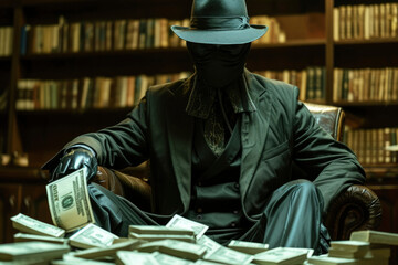 The man is wearing mysterious clothing with a stack of money. - obrazy, fototapety, plakaty