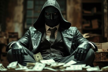 The man is wearing mysterious clothing with a stack of money.