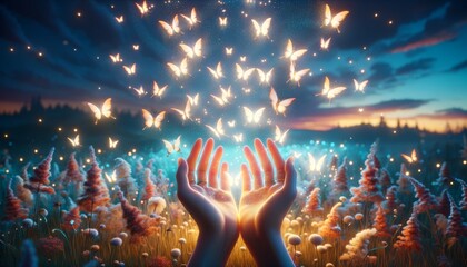 A whimsical animated art scene featuring a close or medium shot of hands releasing butterflies that glow with an inner light.