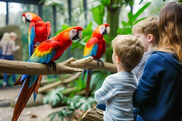 family watching parrots during a zoo educational show - obrazy, fototapety, plakaty