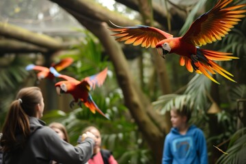 parrots flying in a zoo aviary as visitors look on - obrazy, fototapety, plakaty
