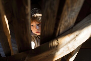 child peering through wooden spiral stair rails, sunlight streaming