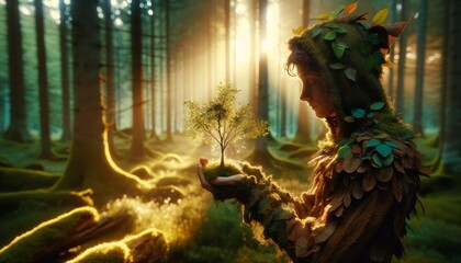 A whimsical animated art scene with a close or medium shot of a person with their eyes closed, and a small tree growing from their palm.