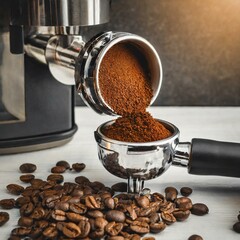Capturing the Essence: Ground Coffee Cascading into a Portafilter