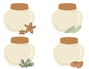 Jars bottles spices anis nutmeg cardamon flat design set