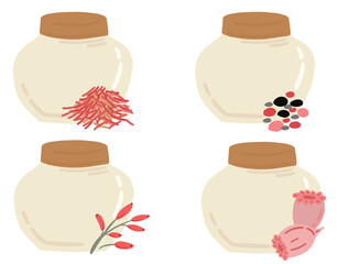 Bottles glass closed spices barbaris pepper saffron flat design