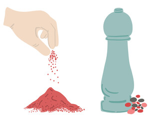 Pepper paprika flat design hand blue bottle set on white background