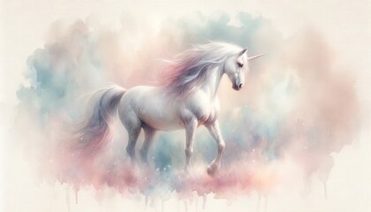 Obraz na płótnie Canvas A soft, dreamy, photorealistic watercolor painting of a unicorn, perfect for a gentle and artistic representation.