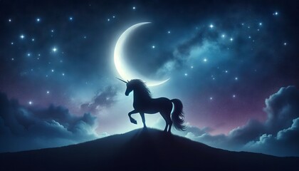 A photorealistic image of a celestial unicorn silhouette against a starry night sky, with a crescent moon in the background.