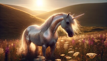 A photorealistic image of a unicorn with a sparkling, glitter-dusted mane and tail. - obrazy, fototapety, plakaty