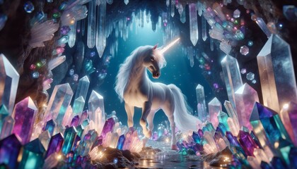 A photorealistic image of a unicorn with magical crystals, suitable for mystical and healing themes.