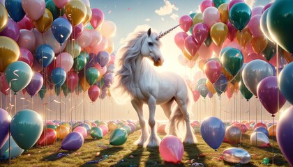 A photorealistic image of a unicorn surrounded by colorful balloons, capturing a moment of joy and celebration.