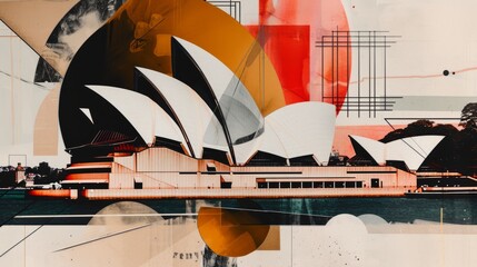 Fototapeta premium Contemporary style minimalist artwork collage illustration of Sydney Opera House. Ai generative.