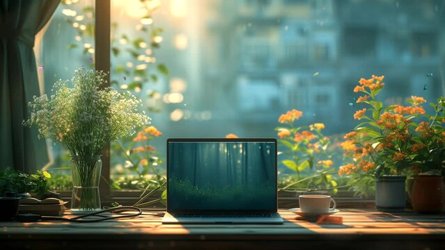 Laptop and coffee on table by the window with flower vase decoration, working concept. seamless looping 4k time-lapse animation video background