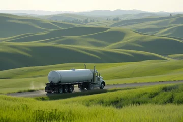 Foto op Canvas tanker truck driving past green rolling hills © Natalia