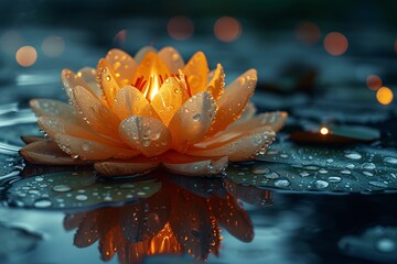 Glowing Lotus Flower in a Pond on a Rainy Night Generative AI