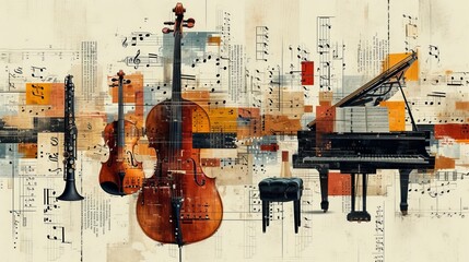 Classical musical instruments on  background with music notes. Artistic illustration. Ai generative.