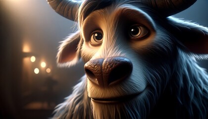 A whimsical animated art style depiction of the Minotaur's gaze, focusing on a close-up of the Minotaur's face, especially its eyes.
