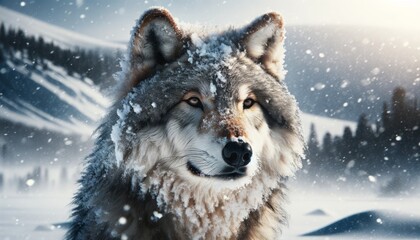 A photo-realistic image of an alpha wolf covered in snow, with a commanding gaze that reflects its status and the harshness of its environment.