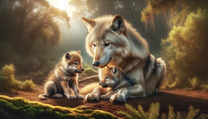 A photo-realistic image capturing a tender moment between a wolf and its pups, showcasing their social bonds and interactions.